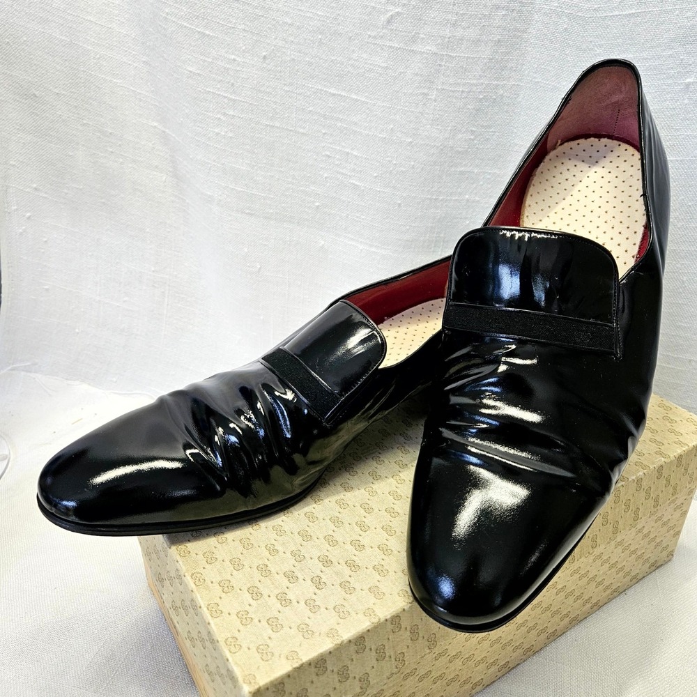 Gucci Loafers Mens 45.5 Black Patent Leather Slip On Dress Shoes Formal Luxury